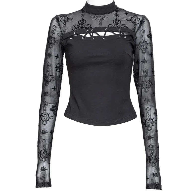 Damen-Hemd mit Punk-Ausschnitt und beflocktem Netzstoff