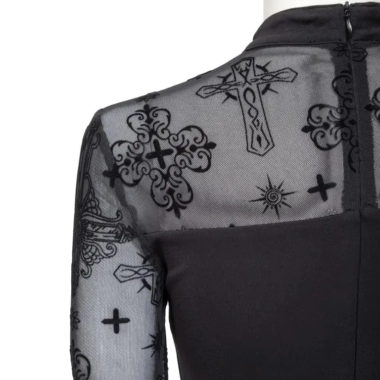Damen-Hemd mit Punk-Ausschnitt und beflocktem Netzstoff