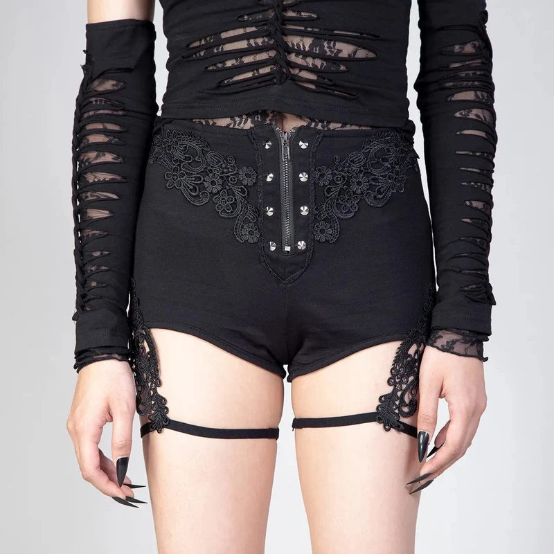 Damen-Shorts mit Gothic-Blumenstickerei und Nieten