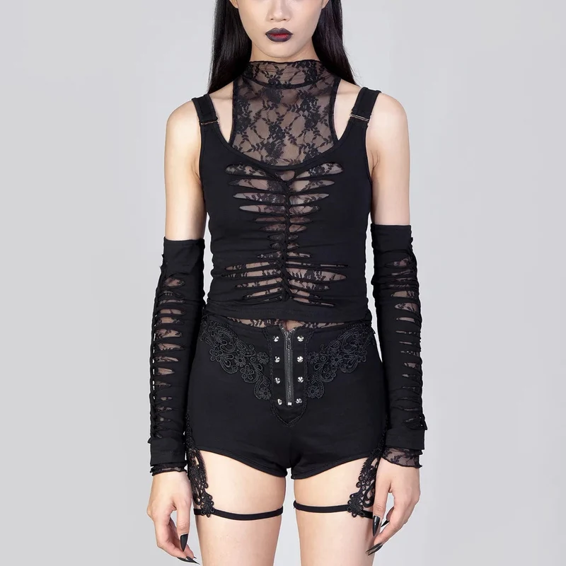 Damen-Shorts mit Gothic-Blumenstickerei und Nieten