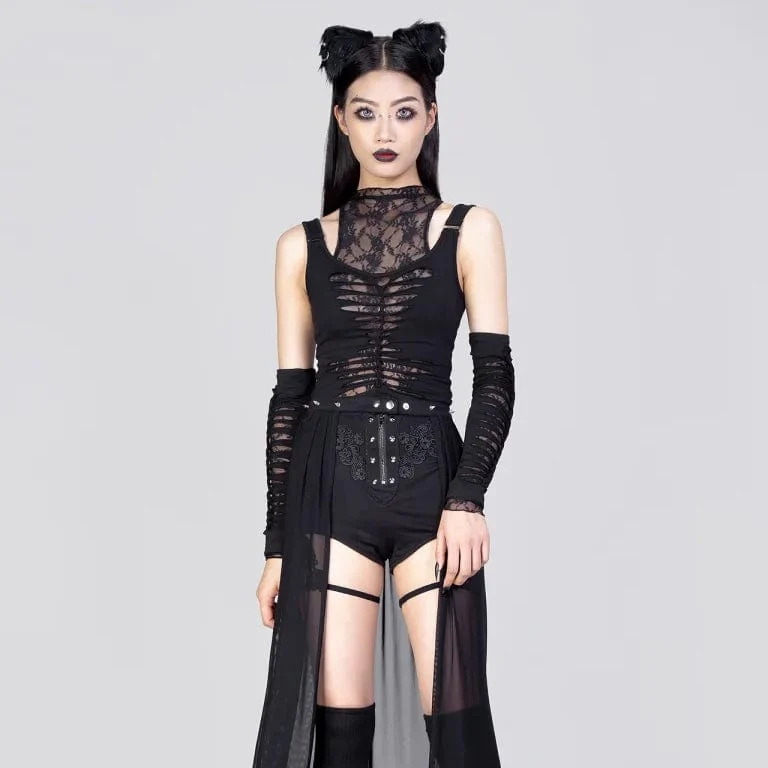 Damen-Shorts mit Gothic-Blumenstickerei und Nieten