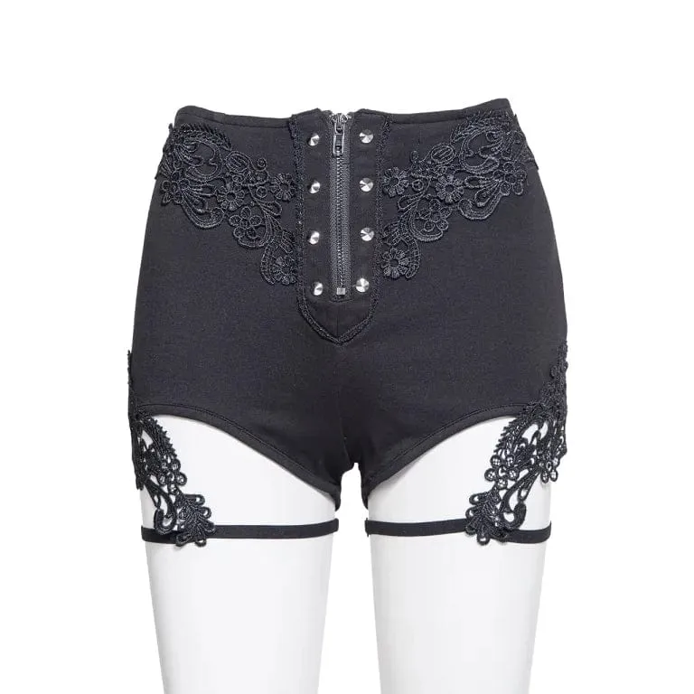 Damen-Shorts mit Gothic-Blumenstickerei und Nieten