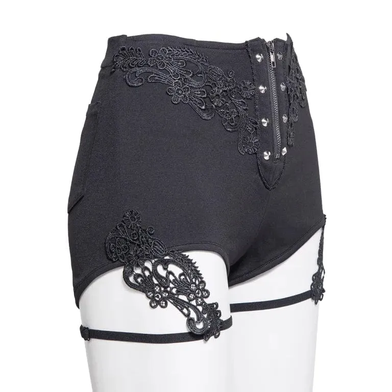Damen-Shorts mit Gothic-Blumenstickerei und Nieten