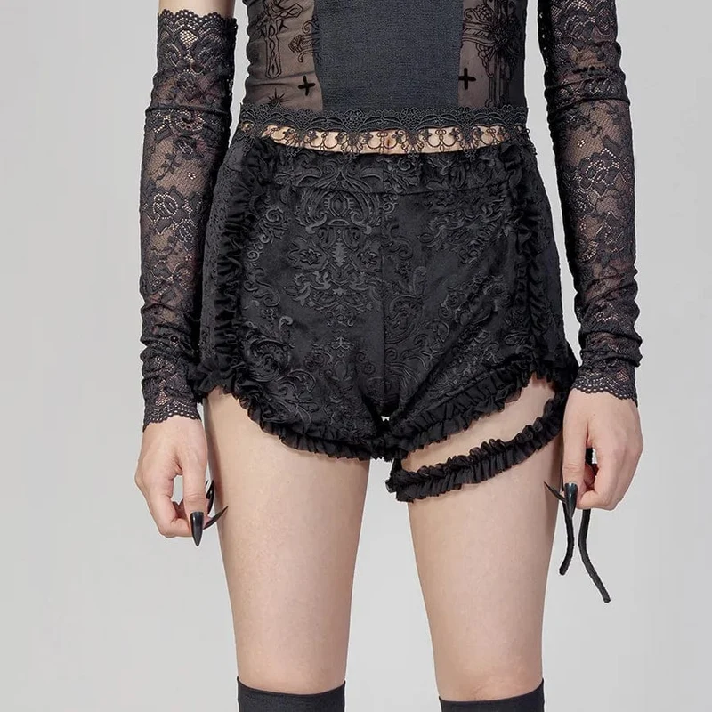 Damen-Punk-Shorts aus Jacquard-Samt mit Rüschen und Strumpfband