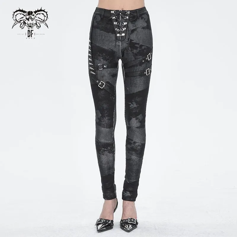 Punk-Schnürleggings mit Batik-Schnalle für Damen in Schwarz