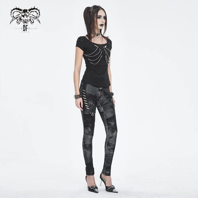 Punk-Schnürleggings mit Batik-Schnalle für Damen in Schwarz