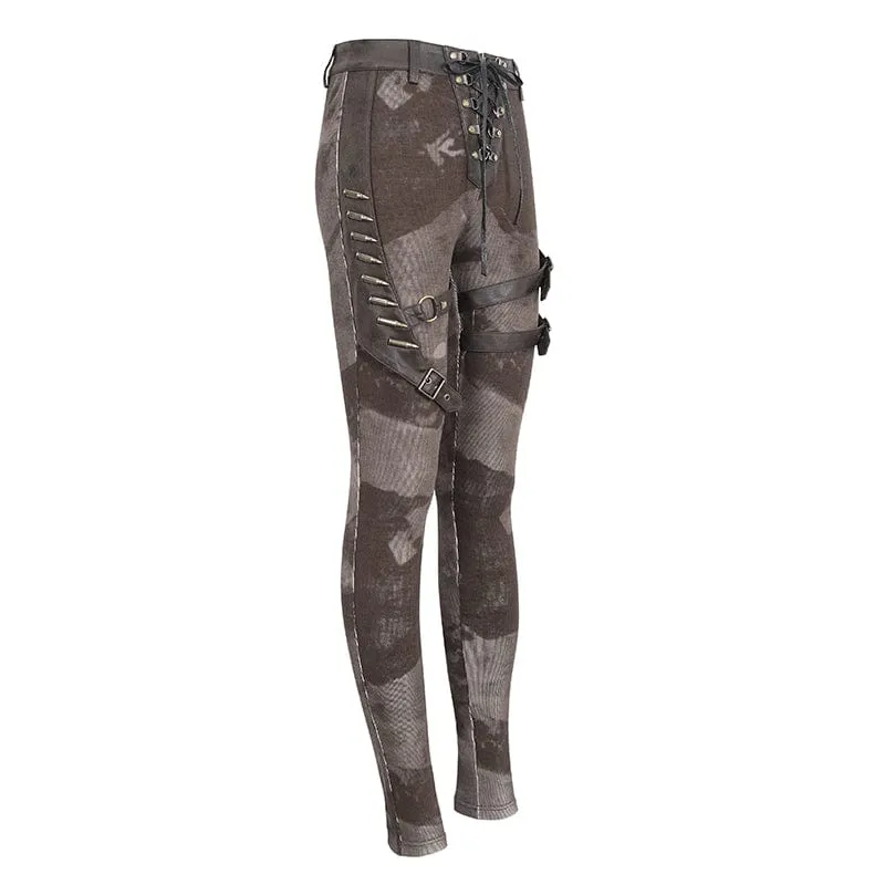 Punk-Schnürleggings mit Batik-Schnalle für Damen in Kaffeebraun