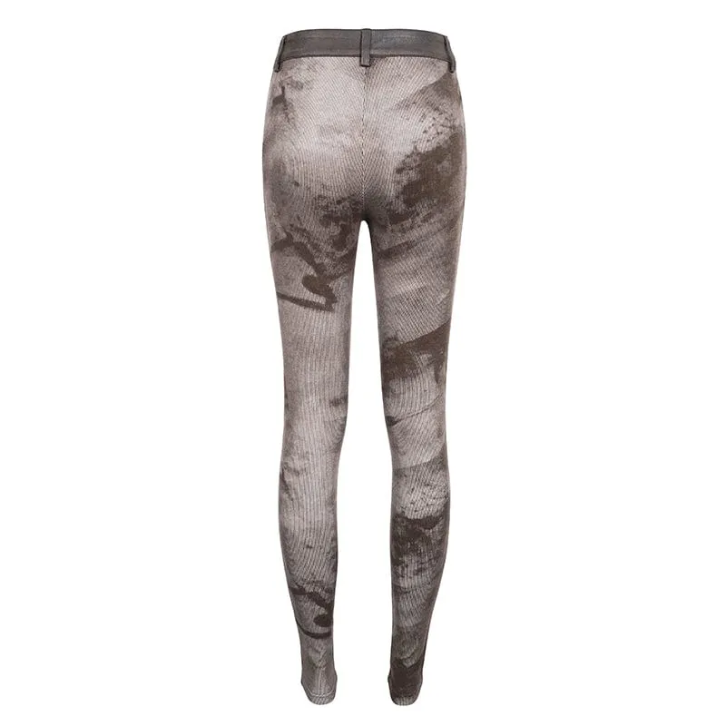 Punk-Schnürleggings mit Batik-Schnalle für Damen in Kaffeebraun