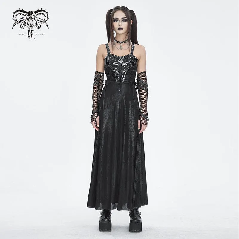 Gothic-Maxikleid mit Schnallenriemen und Ösen für Damen