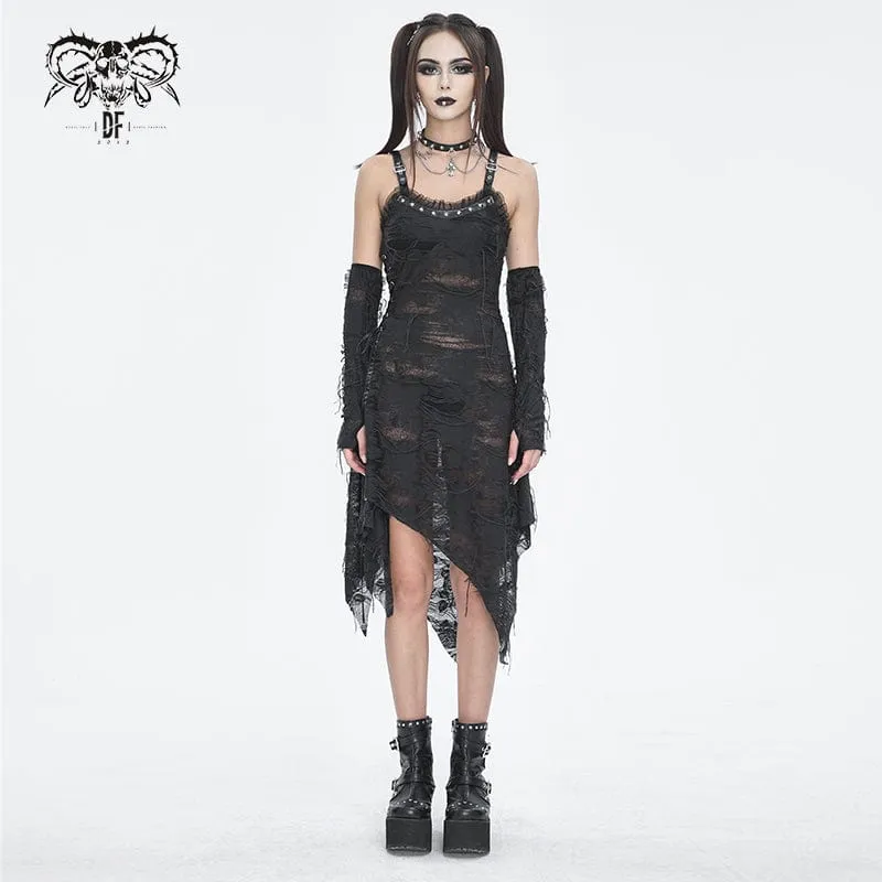 Damen-Gothic-Spitzenkleid mit gerissenem Saum und Armärmeln