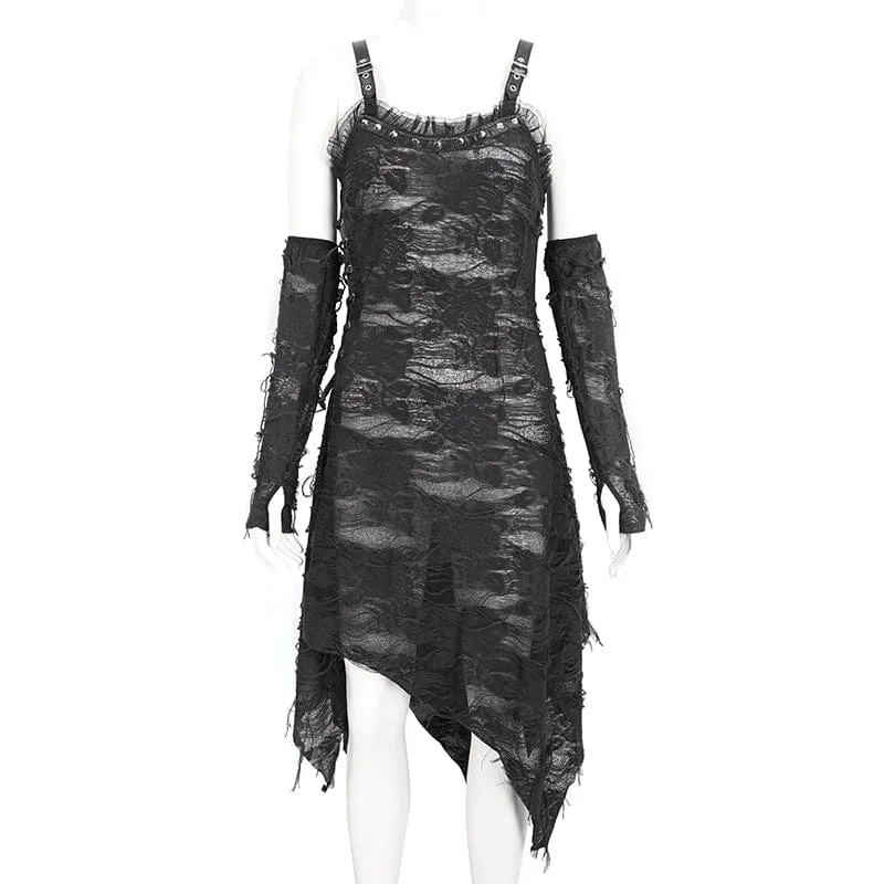 Damen-Gothic-Spitzenkleid mit gerissenem Saum und Armärmeln