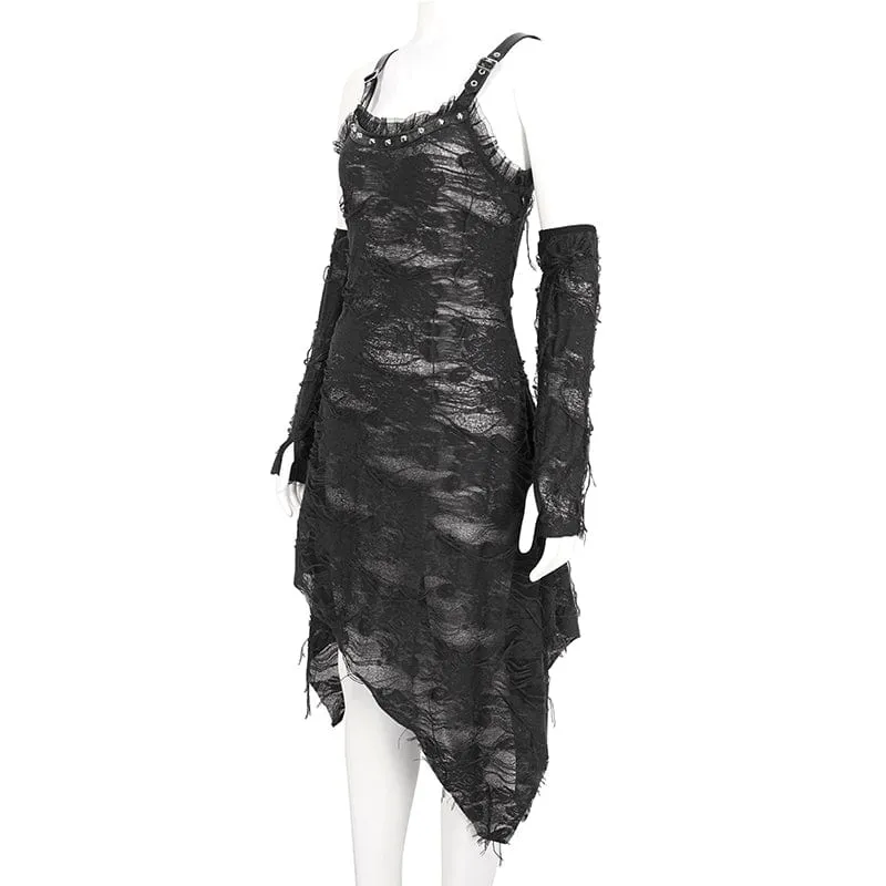 Damen-Gothic-Spitzenkleid mit gerissenem Saum und Armärmeln