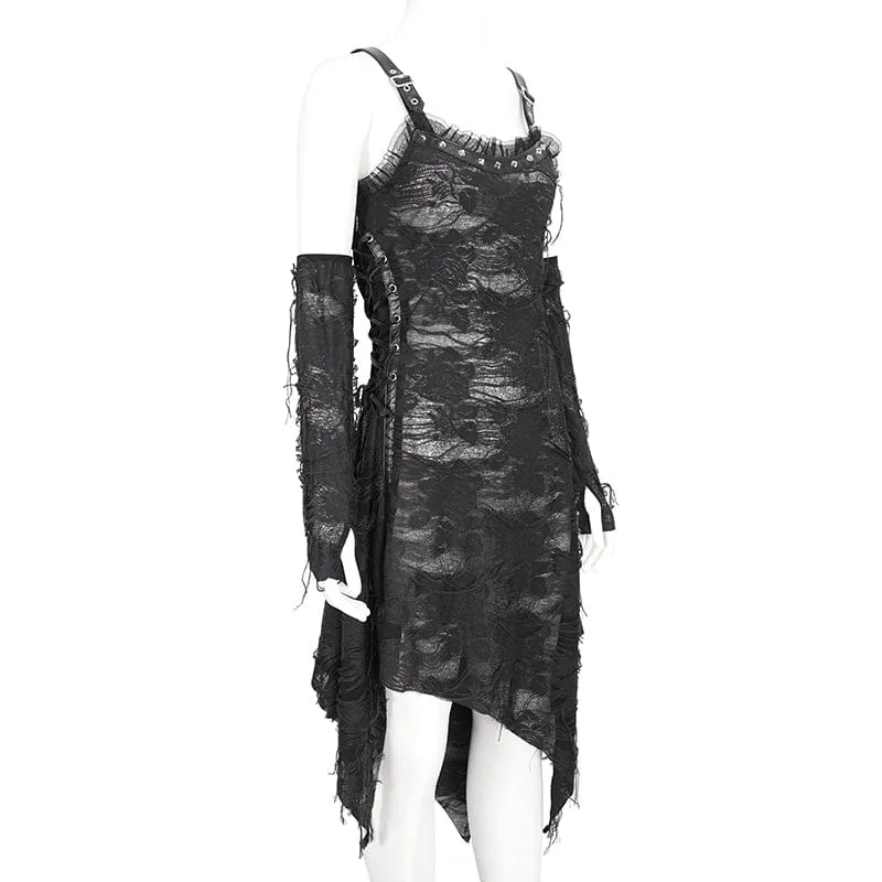 Damen-Gothic-Spitzenkleid mit gerissenem Saum und Armärmeln