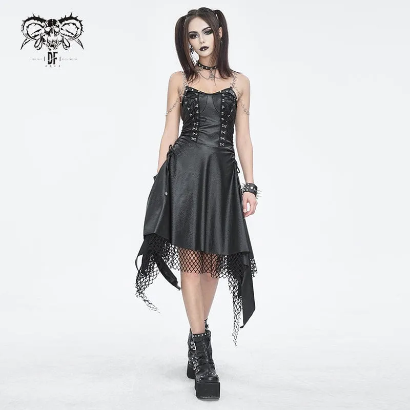 Damen-Gothic-Kleid mit Mesh-Nieten und Kunstledersaum