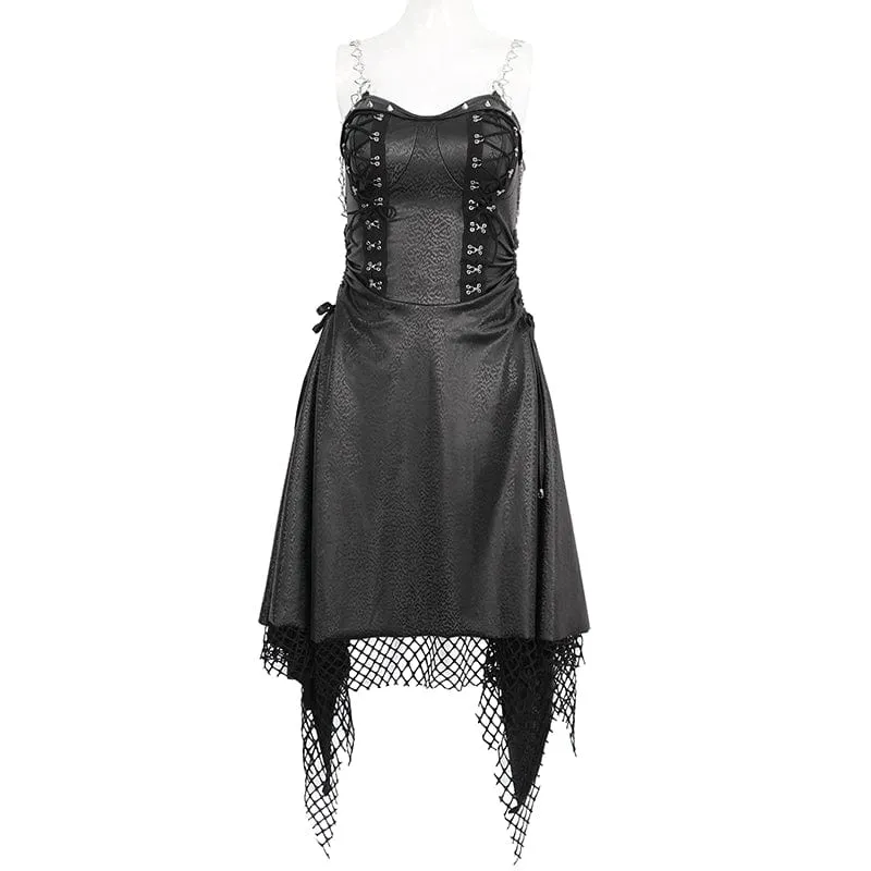 Damen-Gothic-Kleid mit Mesh-Nieten und Kunstledersaum