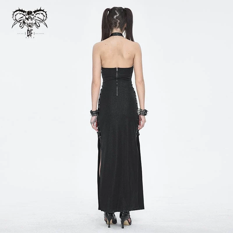 Damen Gothic-Neckholder-Kleid mit seitlichem Schlitz und Trägern