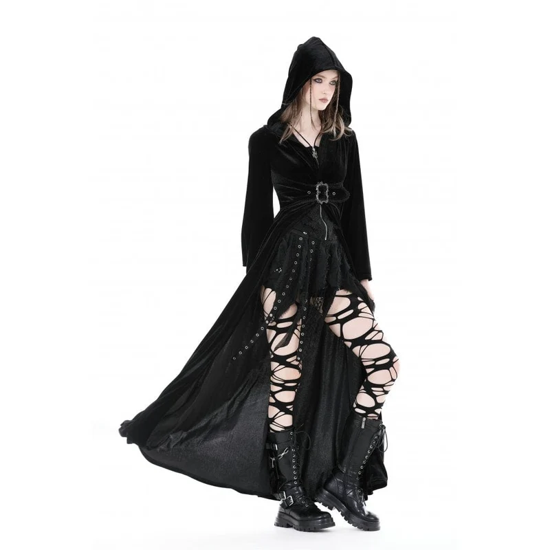 Damen-Gothic-Samtmantel mit ausgestellten Ärmeln, Schnalle und Kapuze