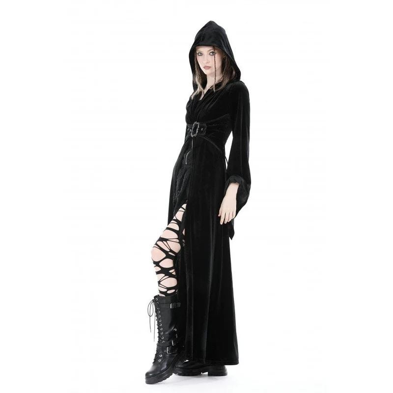 Damen-Gothic-Samtmantel mit ausgestellten Ärmeln, Schnalle und Kapuze