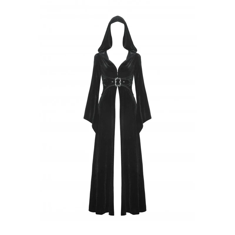 Damen-Gothic-Samtmantel mit ausgestellten Ärmeln, Schnalle und Kapuze