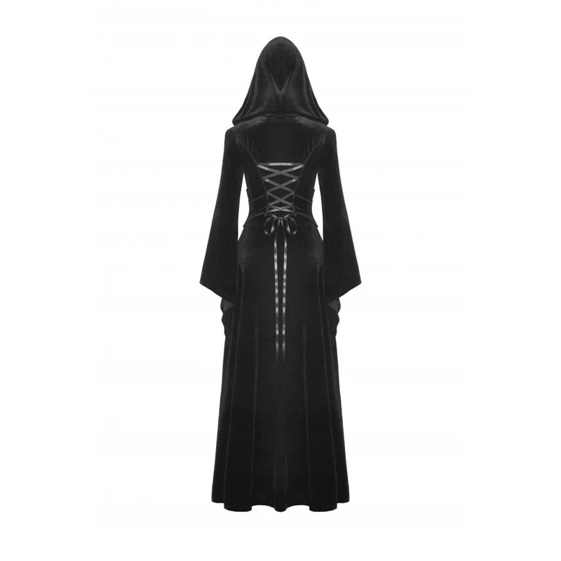 Damen-Gothic-Samtmantel mit ausgestellten Ärmeln, Schnalle und Kapuze