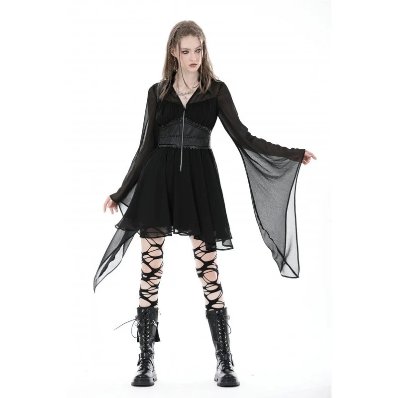 Damen-Gothic-Kleid mit unregelmäßigen, ausgestellten Ärmeln und tiefem Ausschnitt