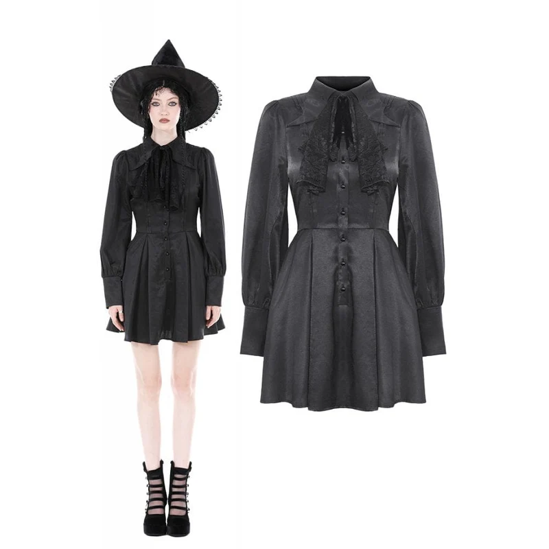 Damen-Gothic-Kleid mit Umlegekragen und Krawatte