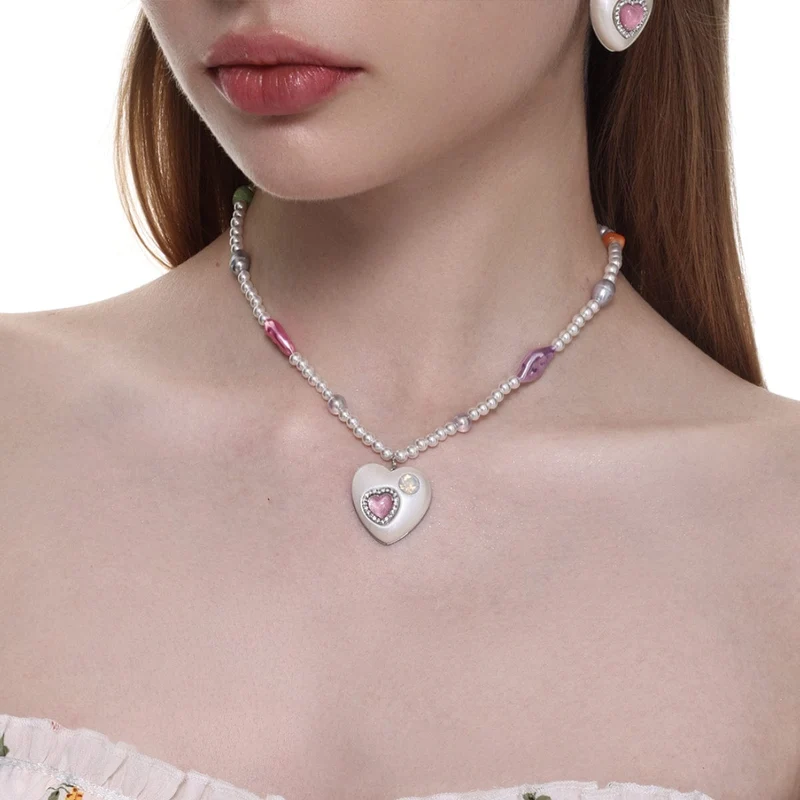 Damen-Lolita-Diamant-Herz-Perlen-Halskette