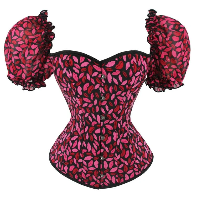 Damen Gothic-Vollbrustkorsett mit Puffärmeln und Lippen-Print
