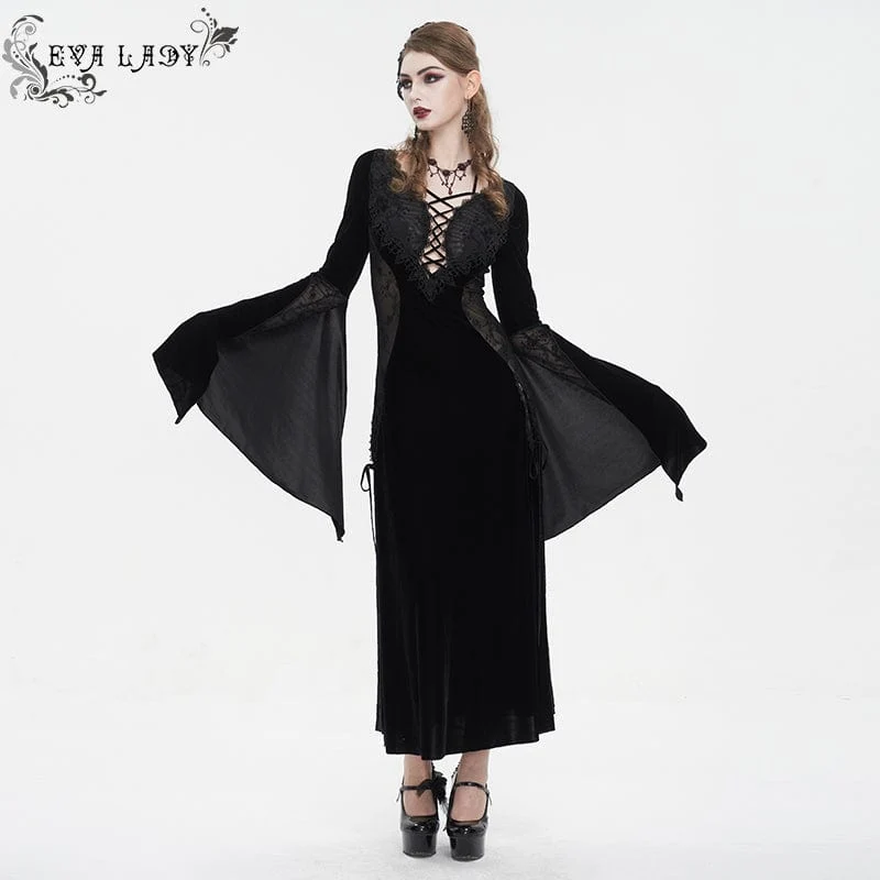 Damen-Hochzeitskleid aus Samt im Gothic-Stil mit tiefem Ausschnitt und Netzstoff