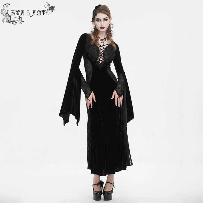Damen-Hochzeitskleid aus Samt im Gothic-Stil mit tiefem Ausschnitt und Netzstoff