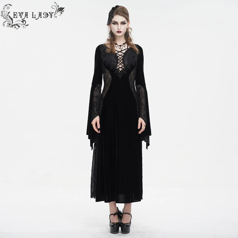 Damen-Hochzeitskleid aus Samt im Gothic-Stil mit tiefem Ausschnitt und Netzstoff