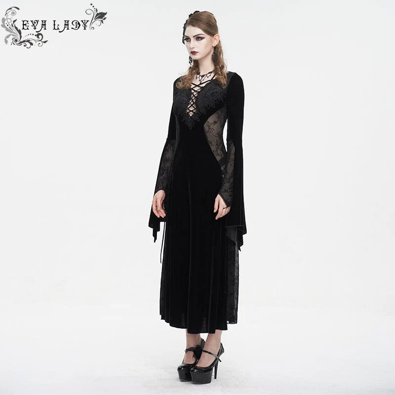 Damen-Hochzeitskleid aus Samt im Gothic-Stil mit tiefem Ausschnitt und Netzstoff