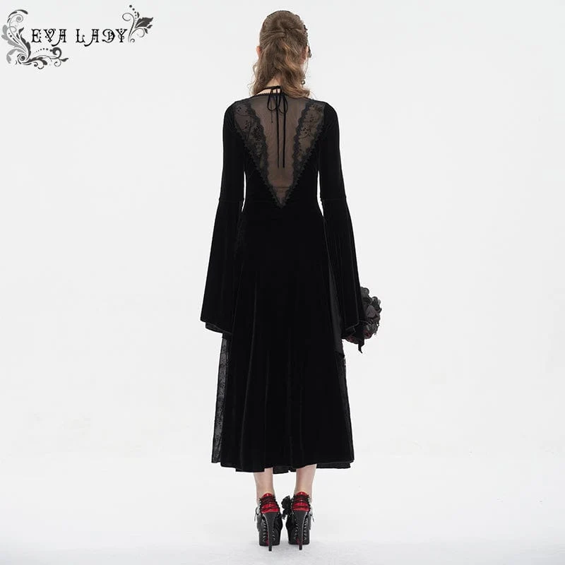 Damen-Hochzeitskleid aus Samt im Gothic-Stil mit tiefem Ausschnitt und Netzstoff