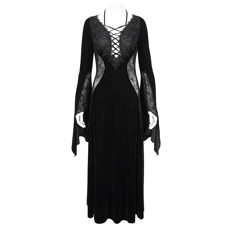 Damen-Hochzeitskleid aus Samt im Gothic-Stil mit tiefem Ausschnitt und Netzstoff