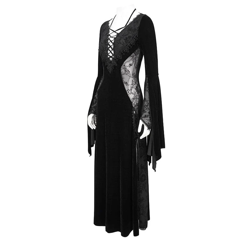 Damen-Hochzeitskleid aus Samt im Gothic-Stil mit tiefem Ausschnitt und Netzstoff