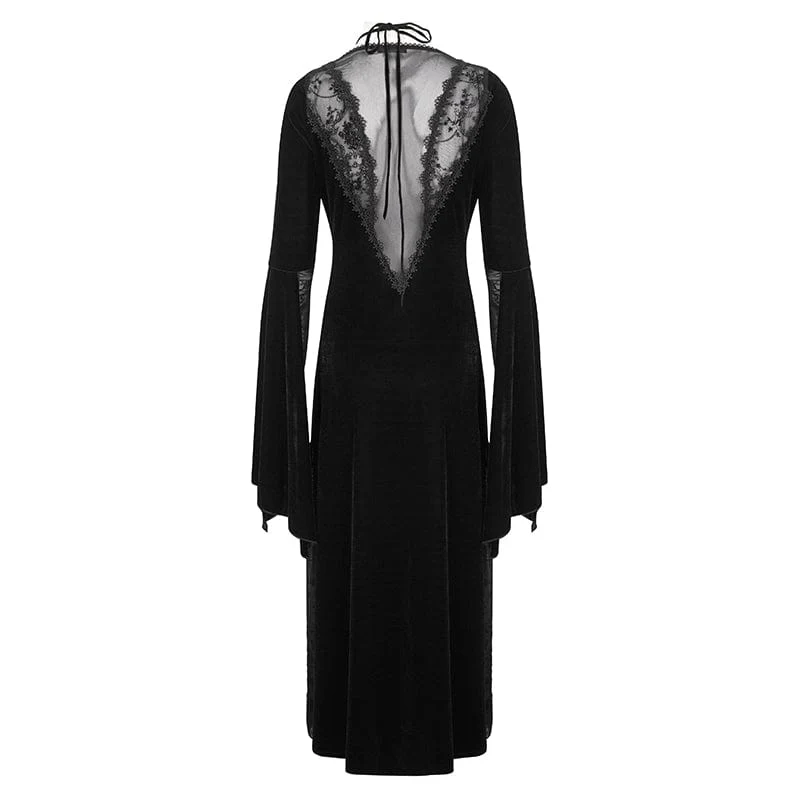 Damen-Hochzeitskleid aus Samt im Gothic-Stil mit tiefem Ausschnitt und Netzstoff