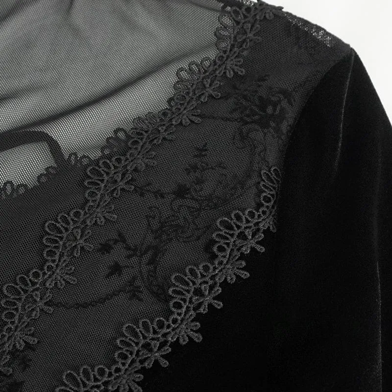 Damen-Hochzeitskleid aus Samt im Gothic-Stil mit tiefem Ausschnitt und Netzstoff