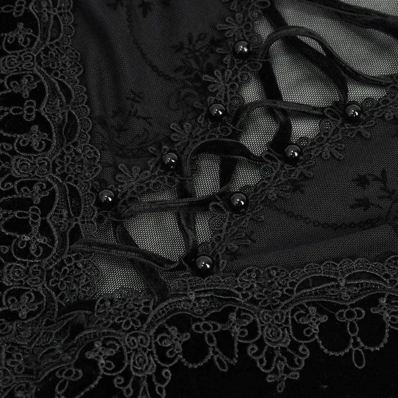 Damen-Hochzeitskleid aus Samt im Gothic-Stil mit tiefem Ausschnitt und Netzstoff