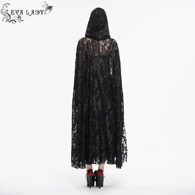 Damen-Gothic-Schnürumhang aus beflockter Spitze mit Kapuze