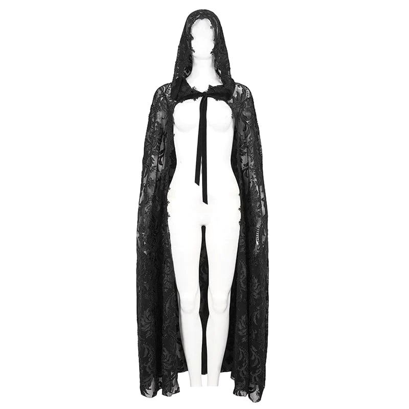 Damen-Gothic-Schnürumhang aus beflockter Spitze mit Kapuze