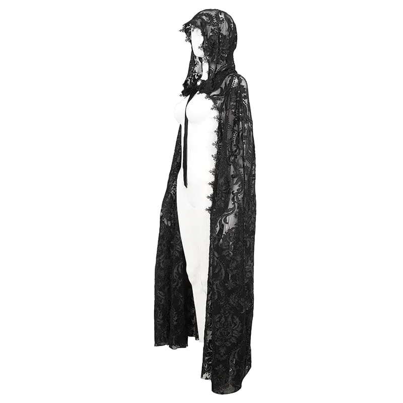 Damen-Gothic-Schnürumhang aus beflockter Spitze mit Kapuze