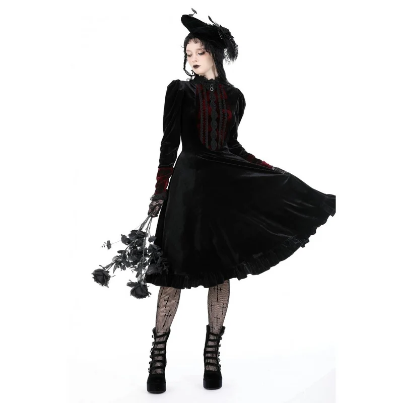 Damen-Gothic-Kleid aus Samt mit Puffärmeln und Stehkragen