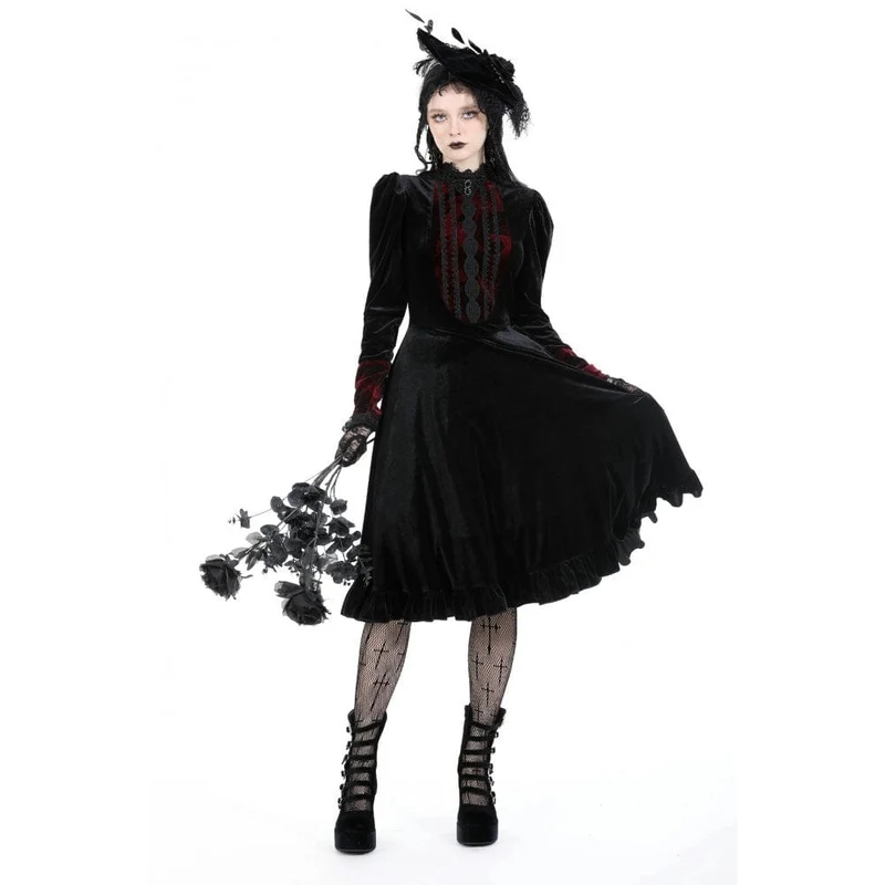 Damen-Gothic-Kleid aus Samt mit Puffärmeln und Stehkragen