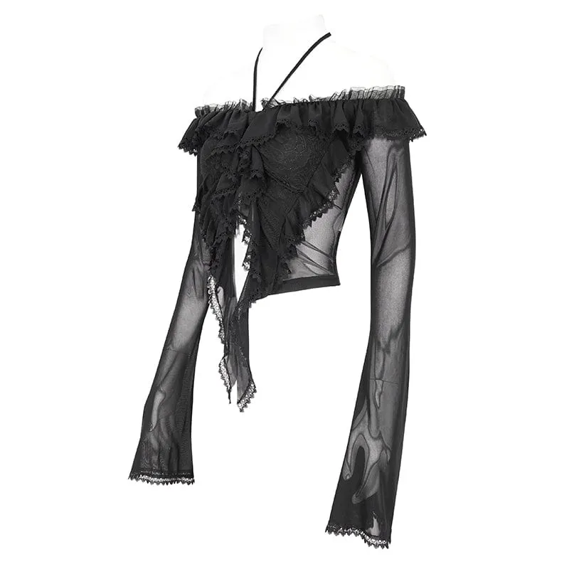 Damen-Gothic-Hemd aus Netzstoff mit Schnürung und Rüschen