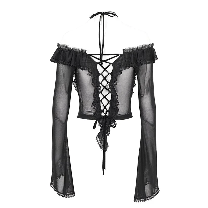 Damen-Gothic-Hemd aus Netzstoff mit Schnürung und Rüschen