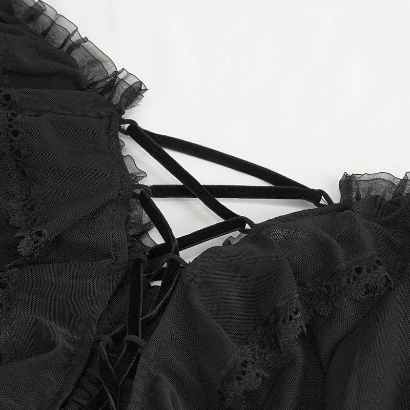 Damen-Gothic-Hemd aus Netzstoff mit Schnürung und Rüschen