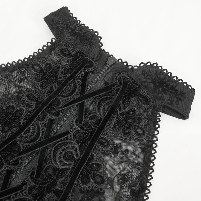 Damen-Gothic-Hemd aus schulterfreiem Netzstoff mit ausgestellten Ärmeln