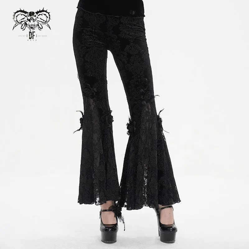 Damen-Gothic-Leggings mit Blumenprägung, Splice und ausgestellter Spitze