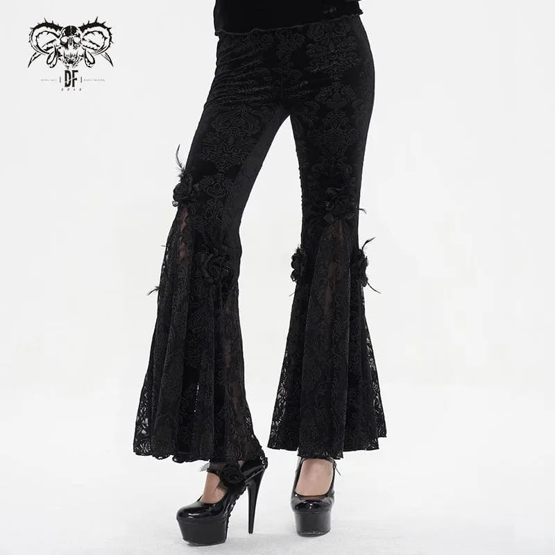 Damen-Gothic-Leggings mit Blumenprägung, Splice und ausgestellter Spitze