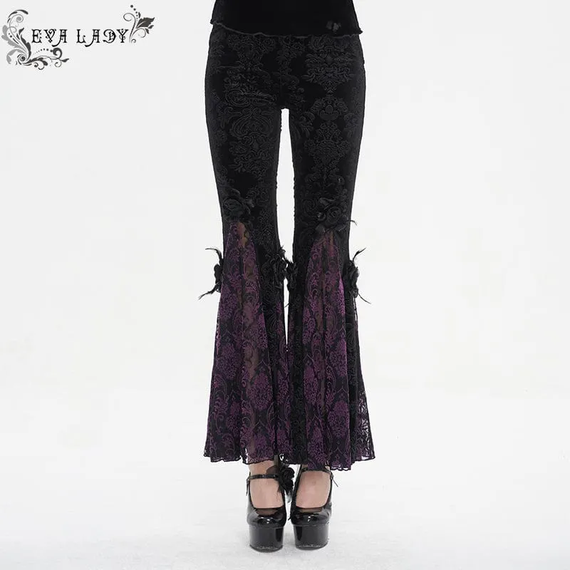 Damen-Gothic-Leggings mit Blumenprägung, Splice und ausgestellter Spitze